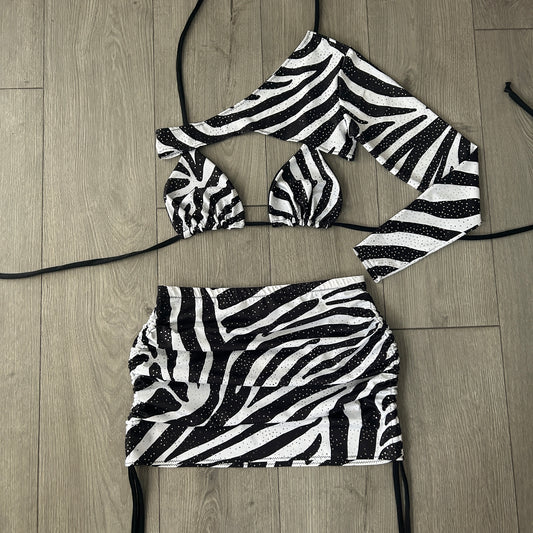 Zebra Triangle Bikini Top, Double Ruched Skirt and Extreme Crop Top 1 Sleeve