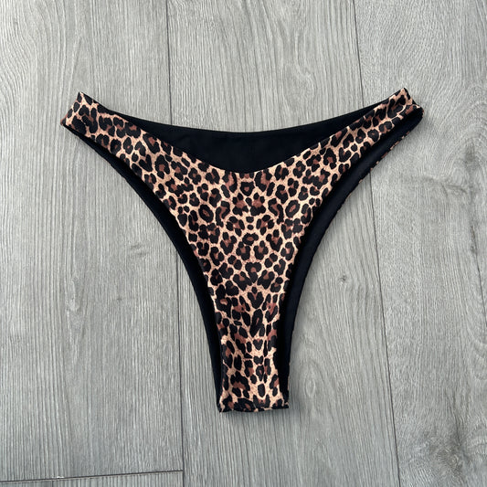 Leopard Mid Rise Thong Bikini Bottoms
