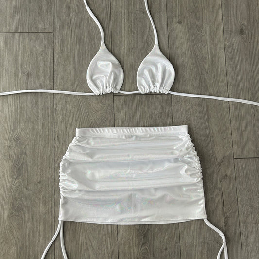White Pearl Iridescent Triangle Bikini Top and Double Ruched Skirt