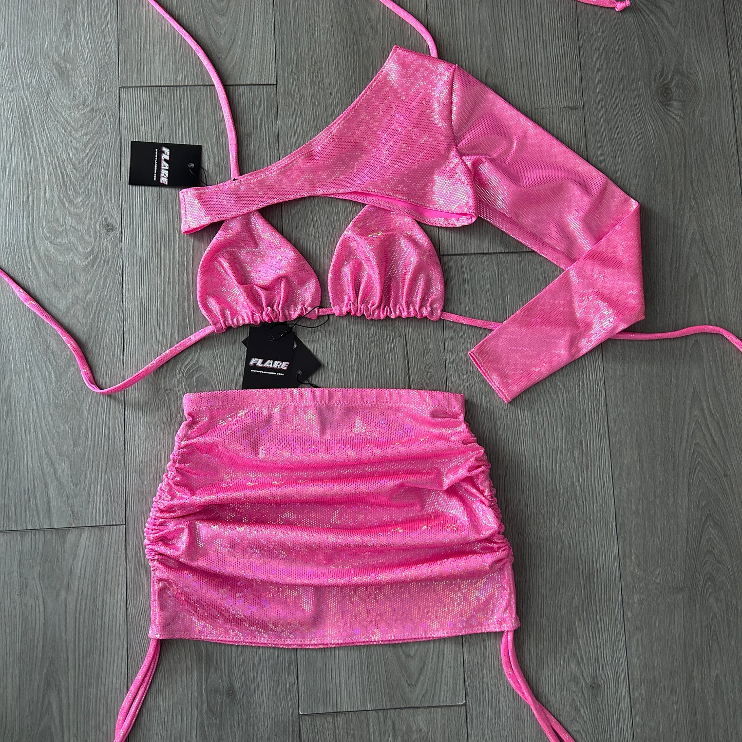 Barbie Pink Sparkle Double Ruched Skirt, Triangle Top and Extreme Crop Top 1 Sleeve Set - Size 10