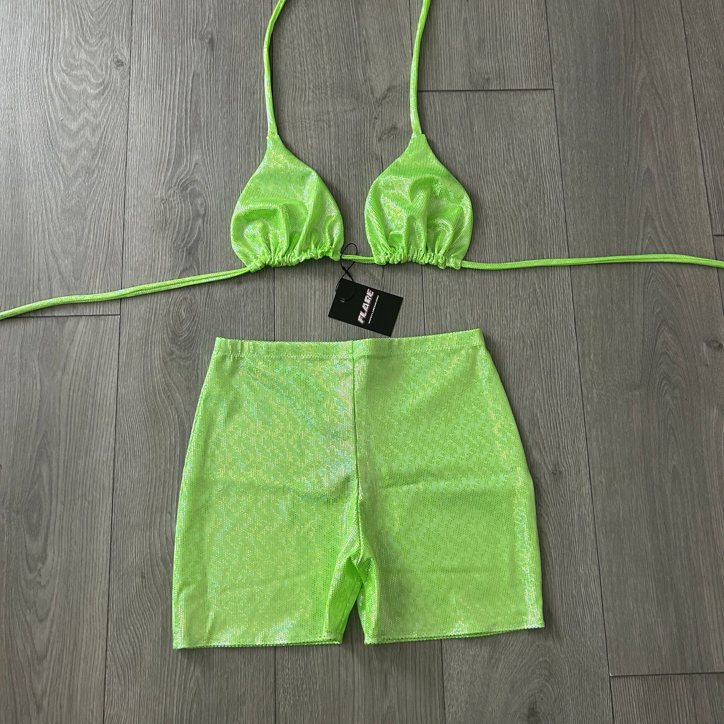Green Sparkle Hot Pant Shorts and Triangle Top Set - Size 12
