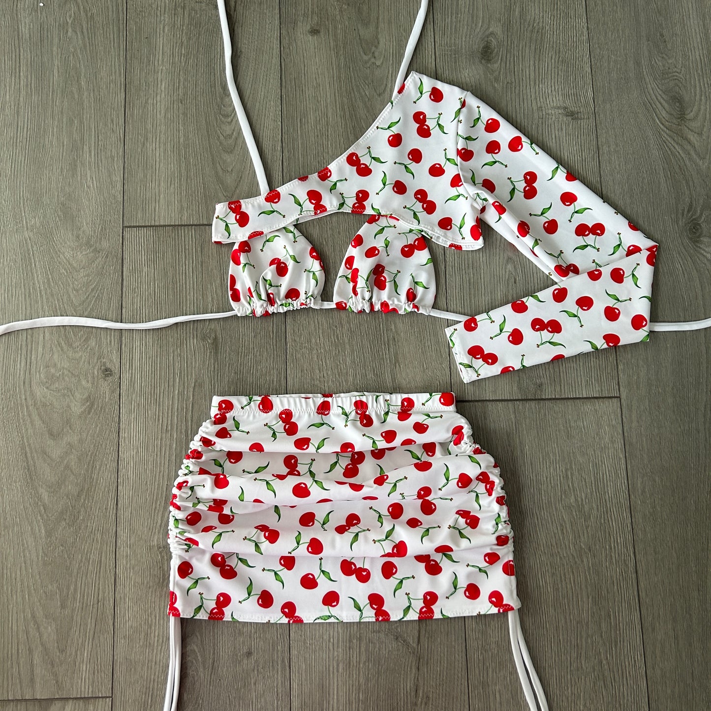 White Cherry Triangle Bikini Top, Double Ruched Skirt and Extreme Crop Top 1 Sleeve
