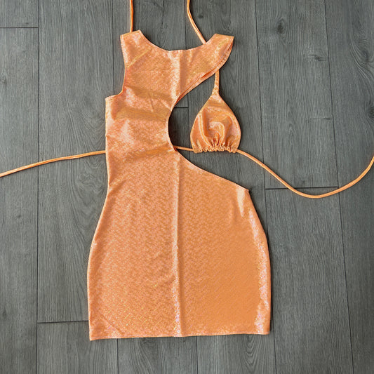 Orange Sparkle Triangle Bikini Top and Cut Out Dress