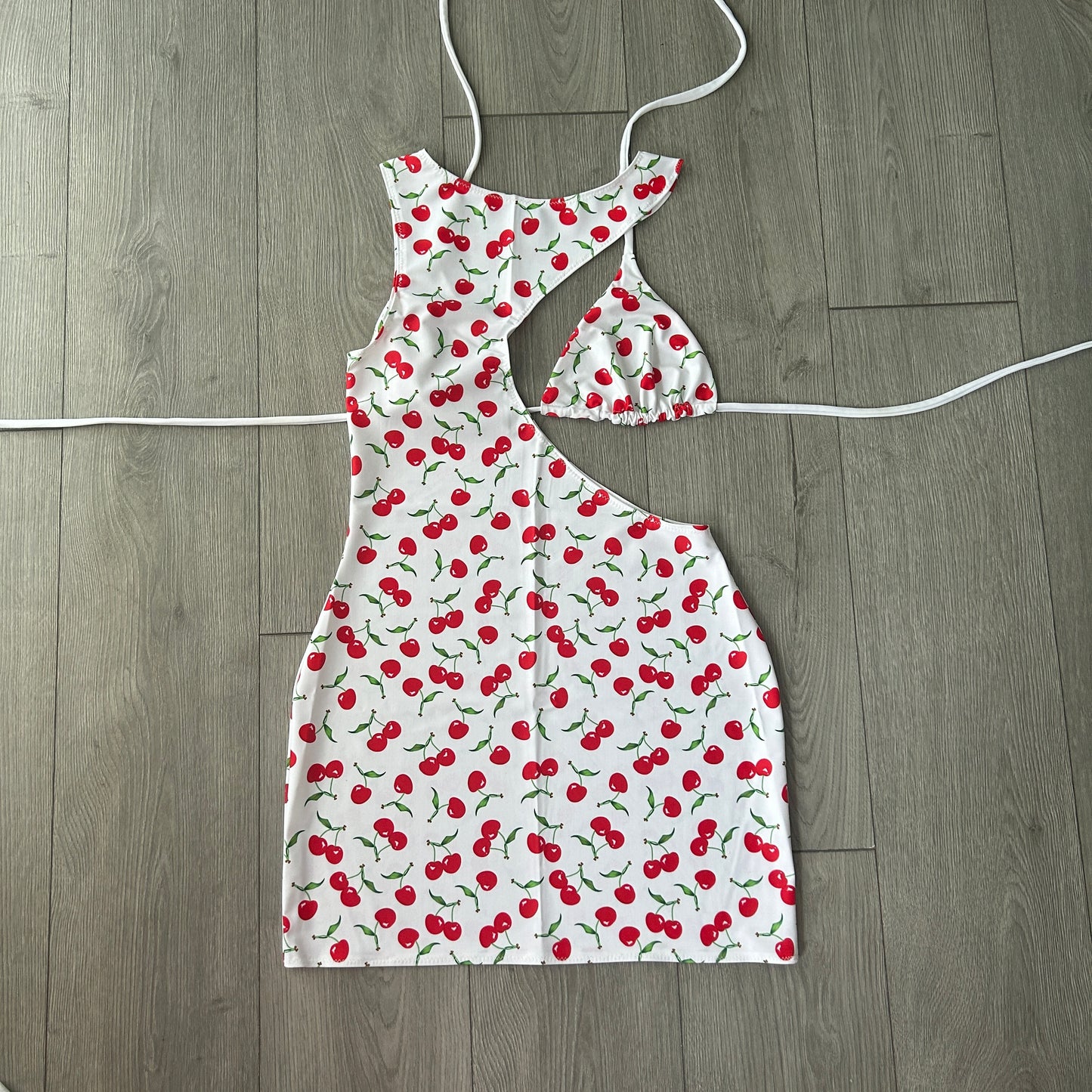 White Cherry Triangle Bikini Top and Cut Out Dress
