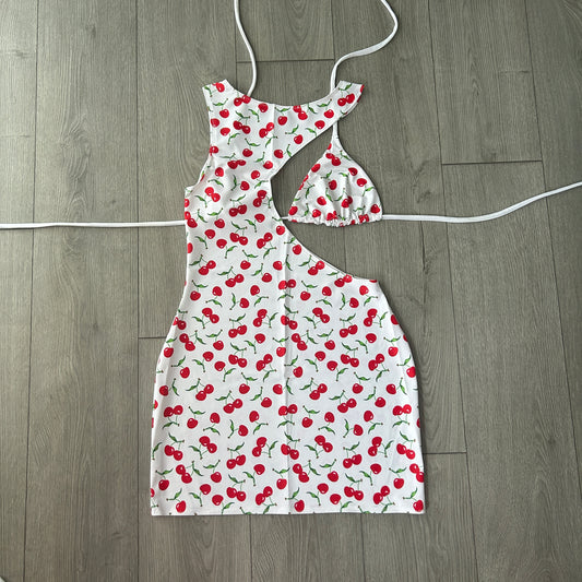 White Cherry Triangle Bikini Top and Cut Out Dress