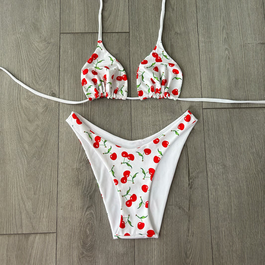White Cherry Dip Waist Cheeky Bikini Bottoms and Triangle Bikini Top