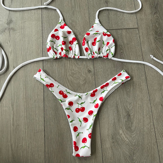 White Cherry Dip Waist Thong Bikini Bottoms and Triangle Bikini Top
