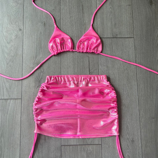 Pink Iridescent Triangle Bikini Top and Double Ruched Skirt