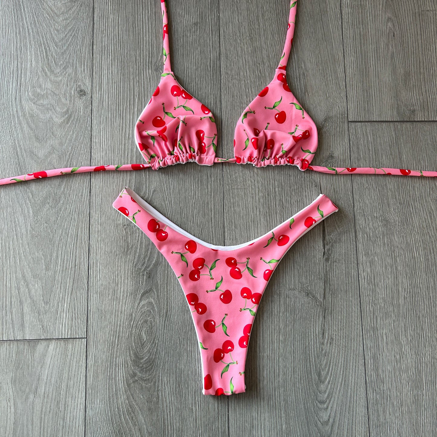 Pink Cherry Dip Waist Thong Bikini Bottoms and Triangle Bikini Top - size 6