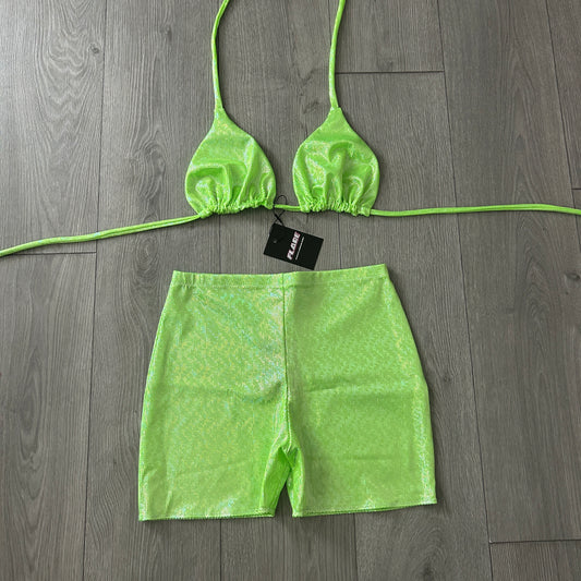 Green Sparkle Hot Pant Shorts and Triangle Top Set - Size 12
