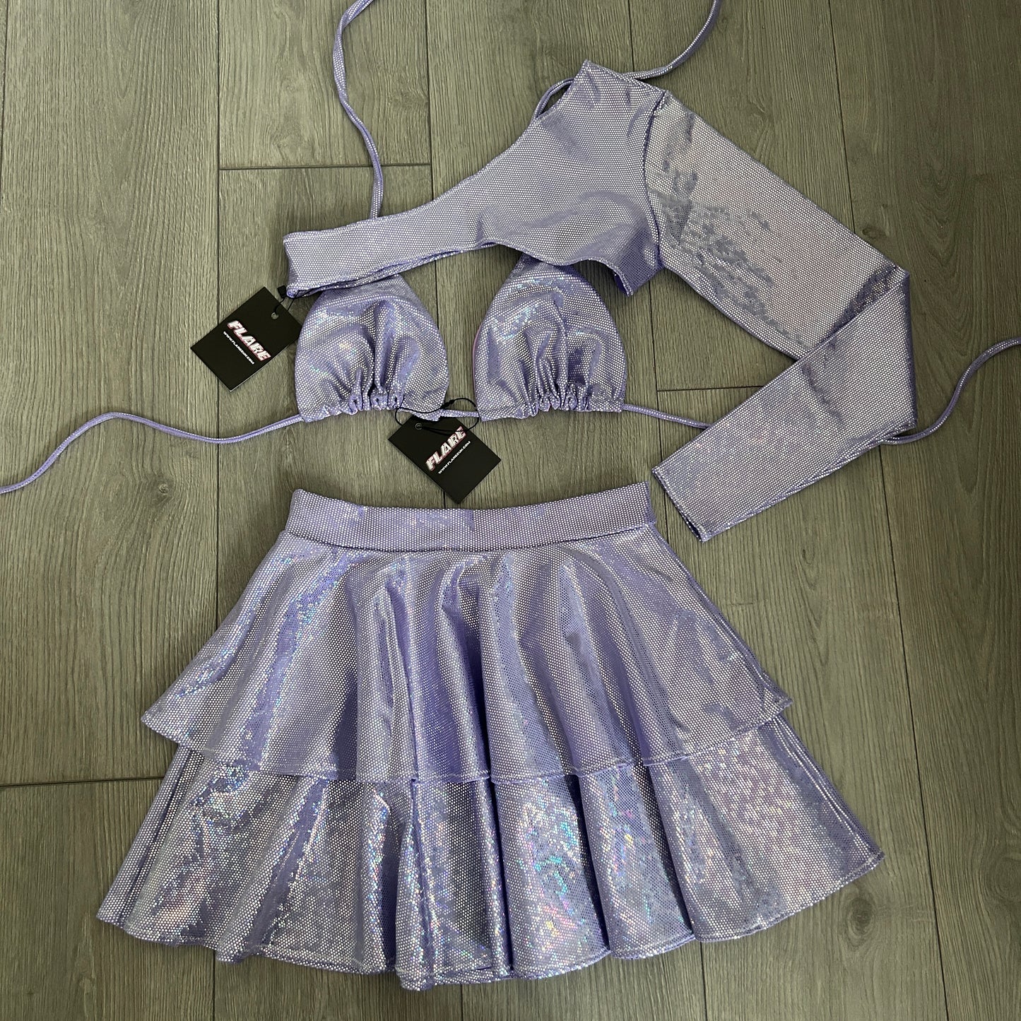 Purple Sparkle Double Tiered Skirt, Triangle Top and Extreme Crop Top 1 Sleeve Set - Size 10