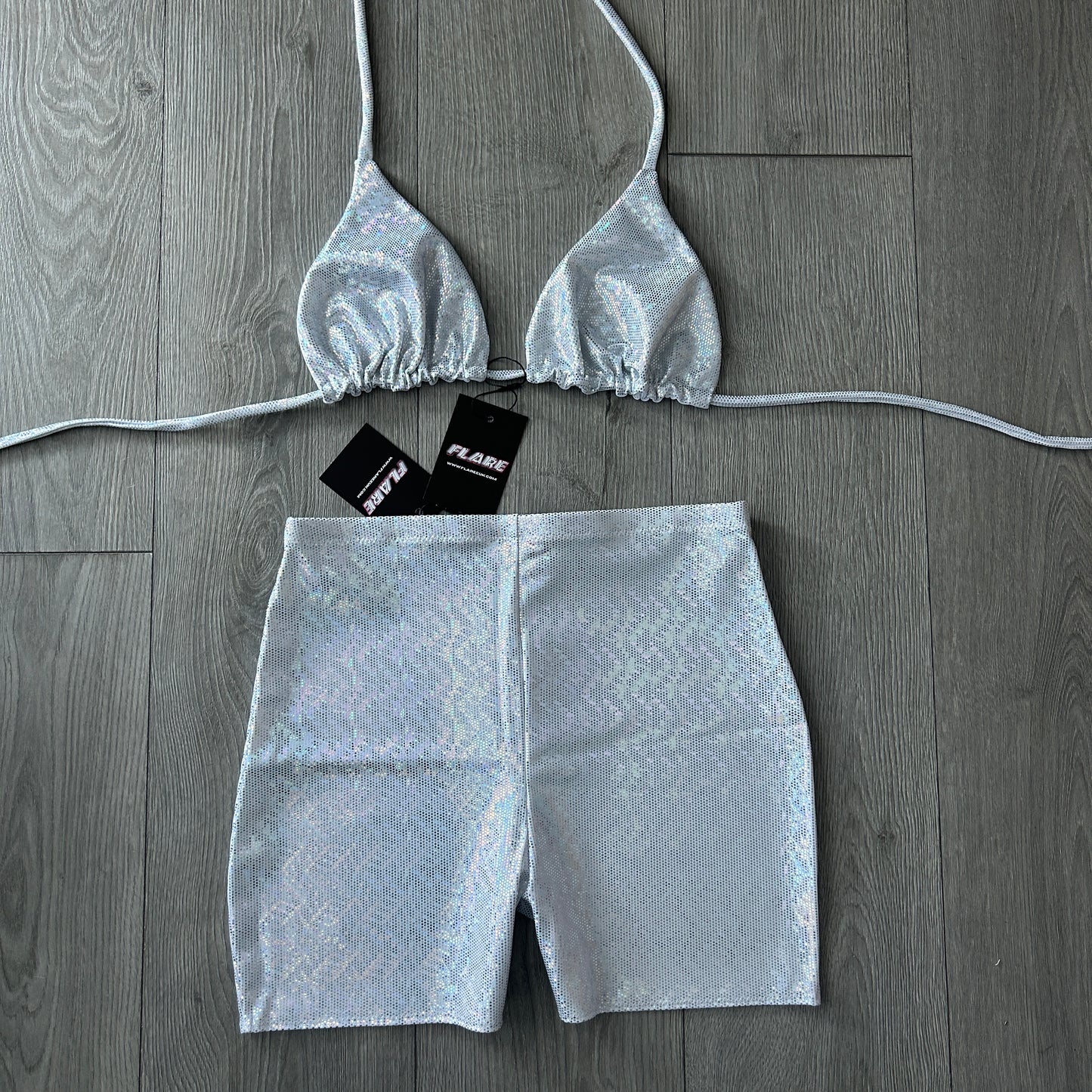Silver Sparkle Hot Pant Shorts and Triangle Top Set - Size 12