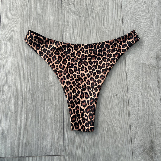 Leopard Mid Rise Thong Bikini Bottoms