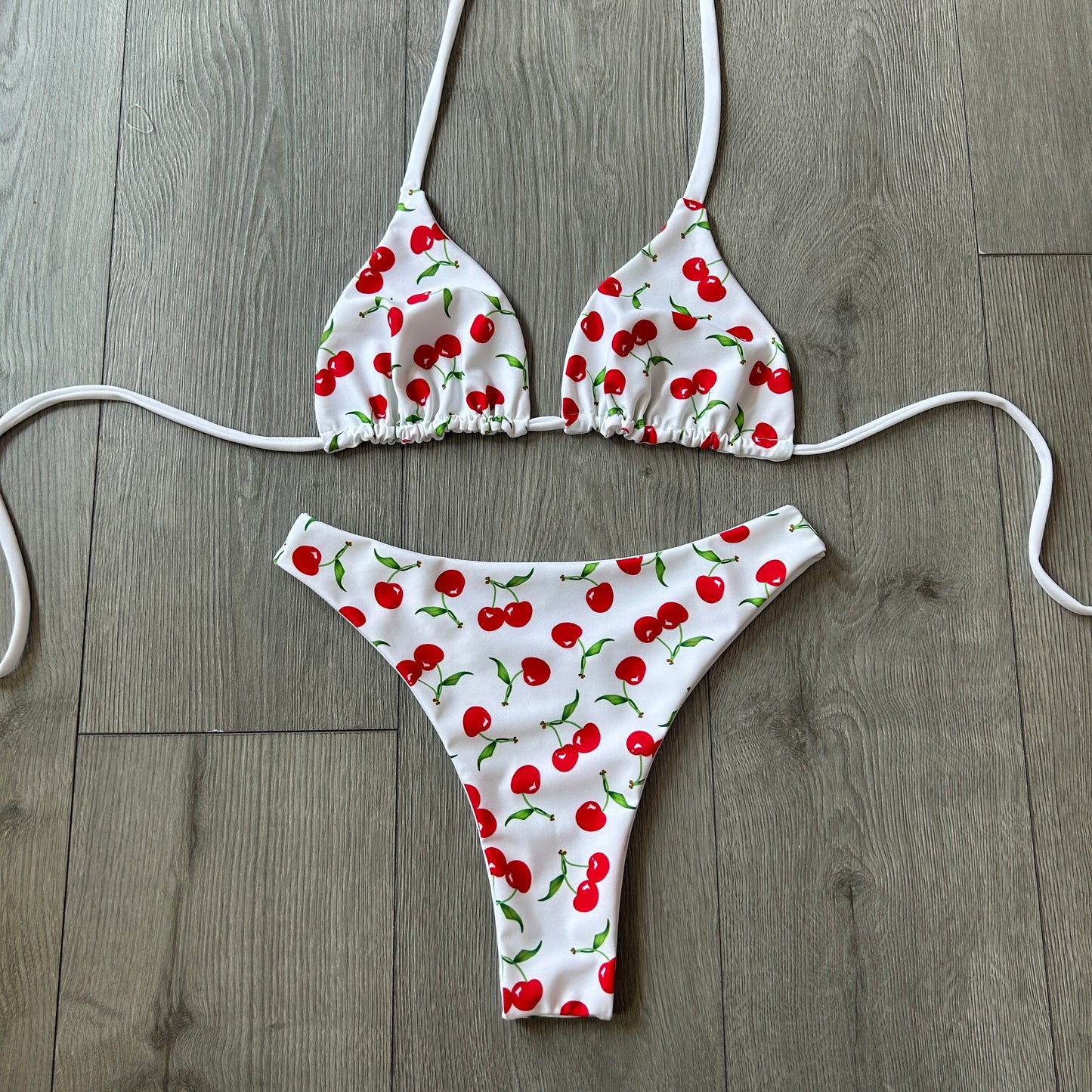 White Cherry Mid Rise Thong Bikini