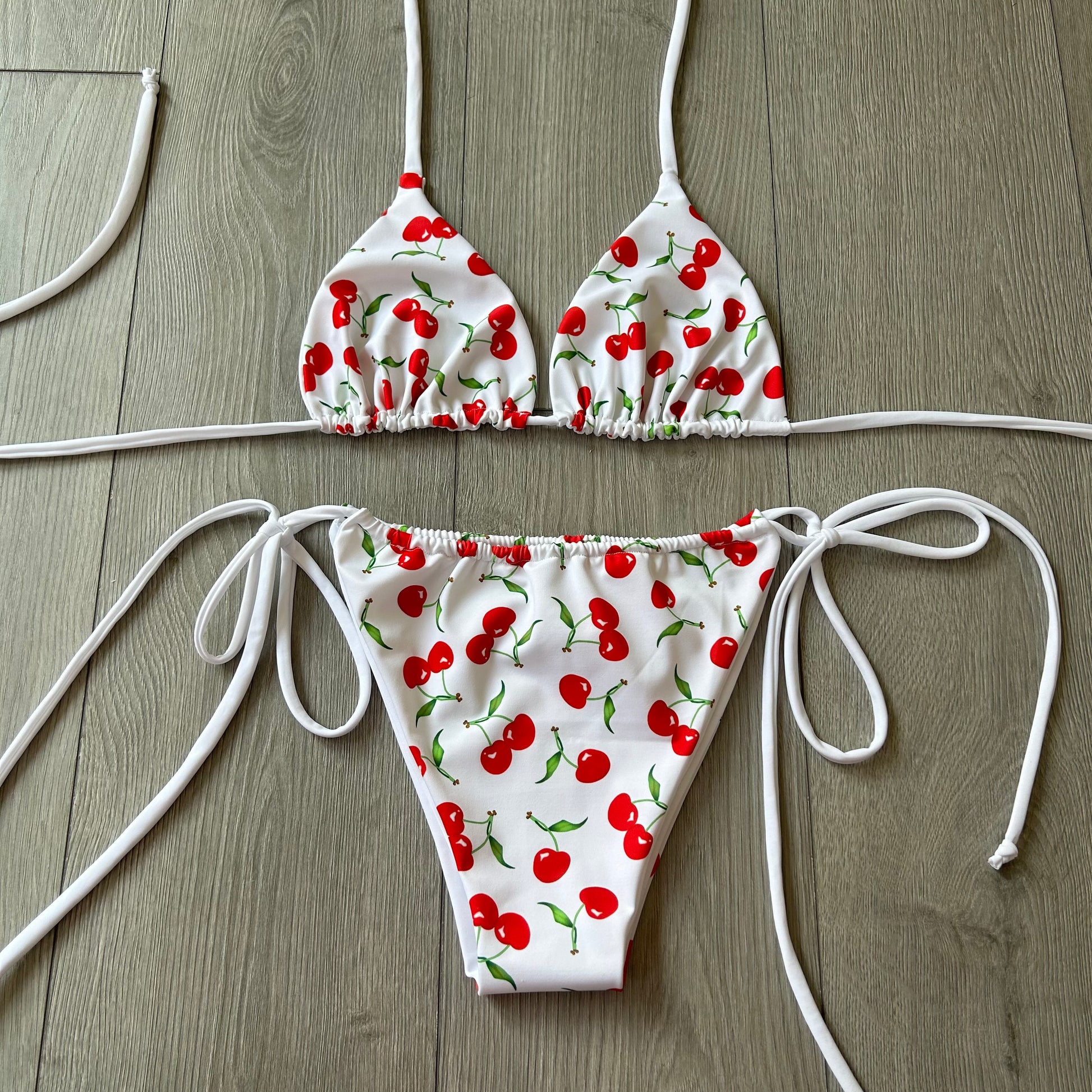White Cherry String Bikini Bottoms and Triangle Bikini Top – flareeuk